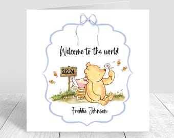 Winnie the Pooh Karte, personalisierte neue Babykarte, Glückwünsche, Willkommen in der Welt, neue Eltern, Pooh Bär Babykarte, Baby Junge 1483