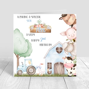 Tarjeta de cumpleaños personalizada de granja para niños, hecha a mano, con temática de granja, azul, tarjeta de felicitación, para hijo, nieto, tarjeta con animales de granja, 1.º, 2.º, 3.º, 4.º, 5.º 1269