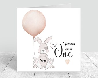 Carte de 1er anniversaire personnalisée pour filles, carte de premier anniversaire, carte de vœux à thème lapin pour sœur, fille, petite-fille, nièce 151