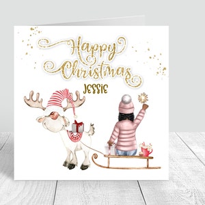 Carte de Noël personnalisée pour filles, petite-fille/fille/nièce/sœur/amie faite main avec traîneau, personnalisation des cheveux 313