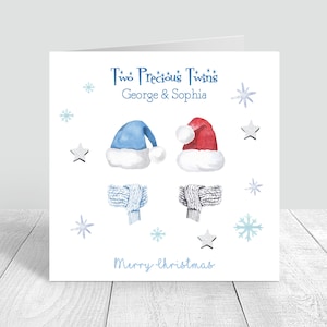 Tarjeta de feliz Navidad para gemelos, sombreros de Navidad hechos a mano/personalizados, gemelos para niños y niñas