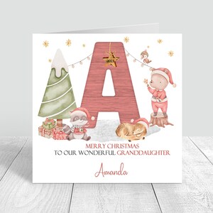 Tarjeta de Navidad personalizada de Woodland Bebé 1ª Navidad, Hijo/Hija inicial grande, Nieto, Sobrino, Tarjeta de felicitación de nieta 630