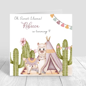 Carte d'anniversaire personnalisée pour filles, carte de vœux rose, faite à la main, thème lama doux, 1er, 2e, 3e, 4e, 5e, 385