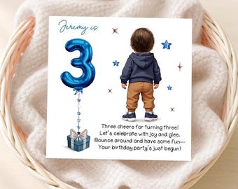 May include: A birthday card featuring a blue number 3 balloon, a gift box, and a child illustration. The text reads "Jeremy is 3" and includes birthday wishes. The card is set against a soft, neutral background.