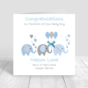 Felicitaciones bebé niño tarjeta hecha a mano personalizada, Bebé Elefante, Tarjeta Azul Recién Nacido, Tarjeta de Nuevos Padres, Bebé Niño