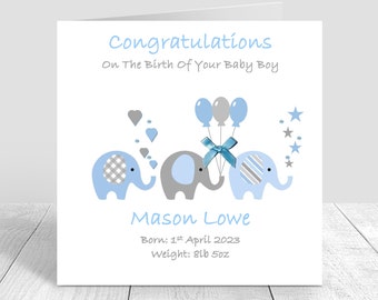 Congratulations baby boy handmade card personalised, Baby Elephant, Blue New Born Card, New Parents Card, Baby Boy