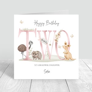 Carte d'anniversaire personnalisée pour fille, deuxième anniversaire, faite main pour fille et petite-fille, carte d'anniversaire animaux nièce, carte de voeux 1063