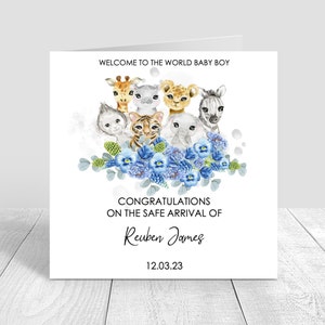 Carte bébé garçon personnalisée Safari animaux carte bébé nouveau-né Félicitations précieux bébé garçon nouveaux parents carte bébé douce