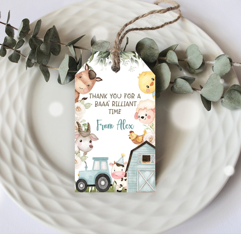 Personalised Blue Farm Animals Thank You Gift Tag Boys Birthday Tags ...