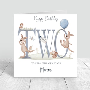 Carte d'anniversaire personnalisée pour garçon, deuxième anniversaire, faite main pour fils, petit-fils, animaux, carte d'anniversaire, neveu, carte de voeux, carte de voeux 1166