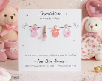 Personalised New Born Baby girl Handmade card, Washing Line Card, Congratulations New Parents card, Baby Girl Card, New Baby Card, Welcome