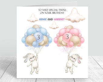 Gepersonaliseerde Twins Bunny Verjaardagskaart Twin Girls/Twin Boys Handgemaakte en gepersonaliseerde kaarten Twin Birthday Son Kleinzoon Dochter 173