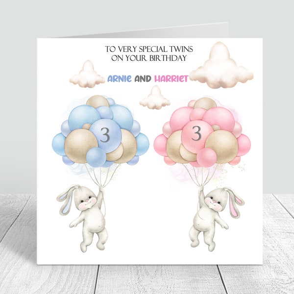 Gepersonaliseerde Twins Bunny Verjaardagskaart Twin Girls/Twin Boys Handgemaakte en gepersonaliseerde kaarten Twin Birthday Son Kleinzoon Dochter 173