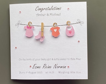 Gorgeous Washing Line Personalised New Born Baby girl Handmade card