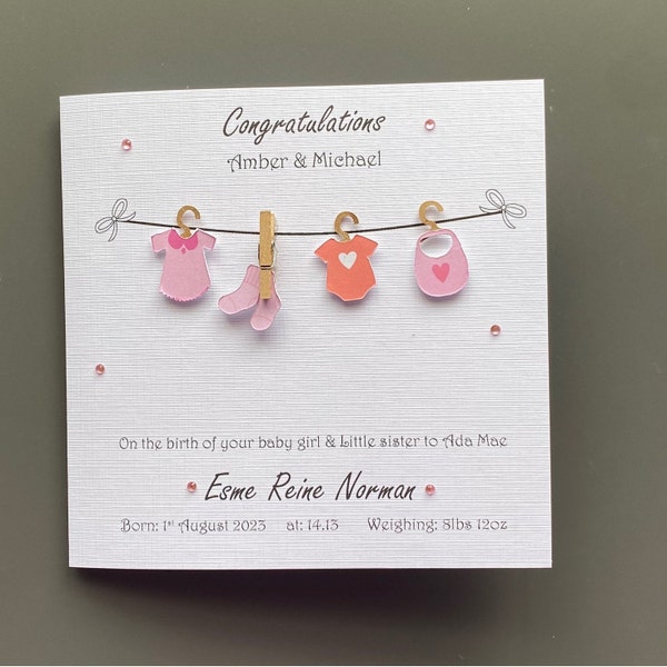Gorgeous Washing Line Personalised New Born Baby girl Handmade card