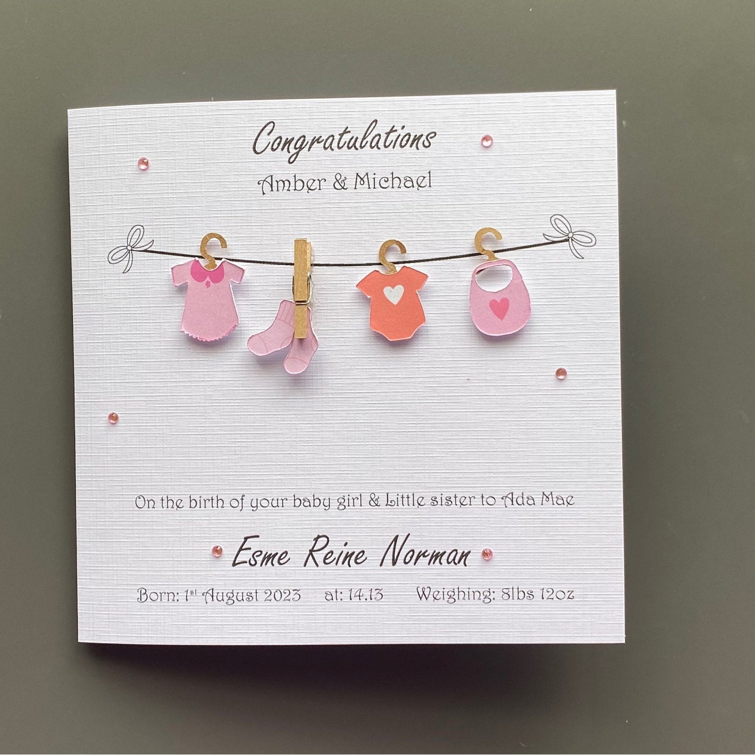 Gorgeous Washing Line Personalised New Born Baby girl Handmade card