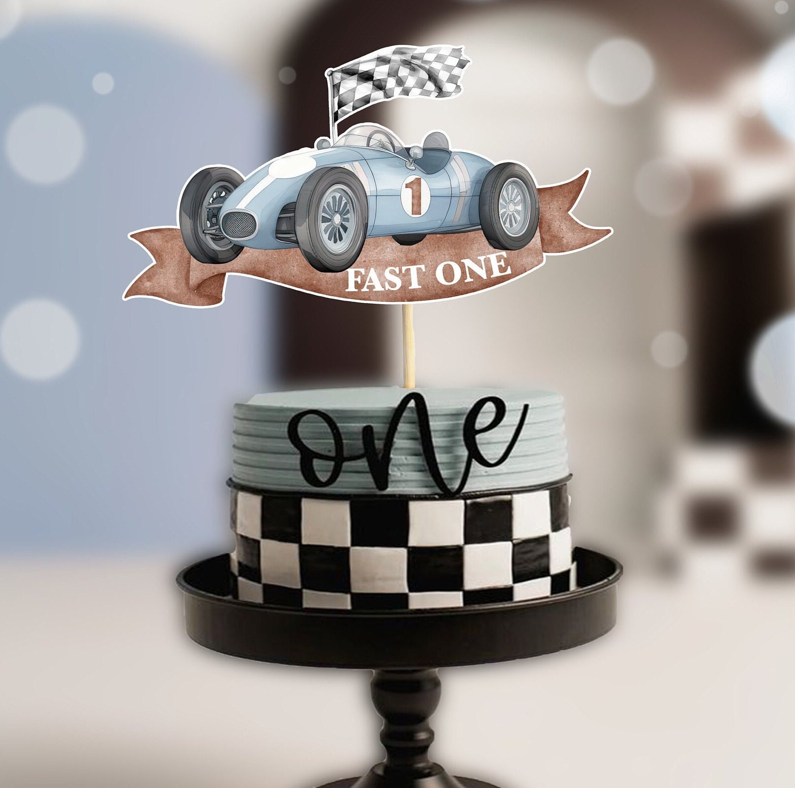 Topper Per Torta Auto Da Corsa In Legno – Decorazione Compleanno Tema Racing Con Bandiera A Scacchi | Regalo Originale Per Primo Anno - 3