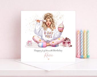 May include: A birthday card featuring an illustration of a blonde person in pajamas holding a cupcake and a cotton candy stick. The card reads "B-DAY VIBES" and "Happy fifteenth Birthday Rosie". Pastel candles are in the background.