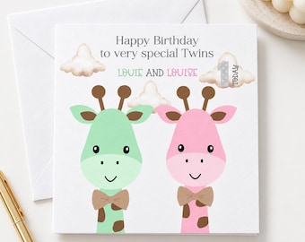 Twins 1st Birthday Card, Personalised Birthday Card for Twins, Boy and Girl Twins Card, Cute Giraffe Card, Twins First Birthday Card 3130