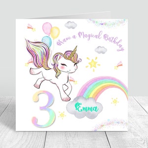 Carte d'anniversaire personnalisée pour filles, carte d'anniversaire licorne arc-en-ciel, petite-fille, nièce, sœur, joyeux 3e anniversaire, carte pour filles 335