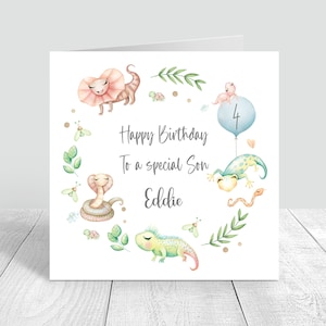 Tarjeta de cumpleaños personalizada para niños reptiles hecha a mano, primer cumpleaños, tarjeta de animales reptiles, hermano, hijo, nieto, sobrino, bebés 808