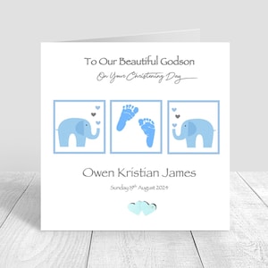 Tarjeta de bautizo personalizada para niños, tarjeta de bautizo para hijo, tarjeta para el día del bautizo o bautismo, tarjeta para el día del bautizo con elefante azul para hijo y nieto 1487