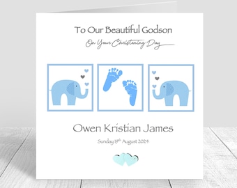 Personalised Boys Christening Card, Son Christening Card, Christening Day/Baptism Card, Blue Elephant Christening Day Card Son Grandson 1487