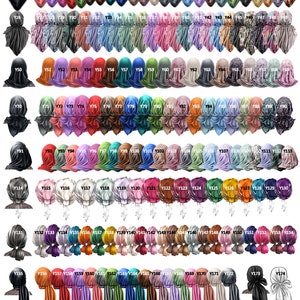 May include: A digital chart titled Headscarves displaying a wide variety of illustrated headscarves and head coverings in numerous colors, patterns, and styles, labeled with codes from Y1 to Y193, arranged in rows for selection and reference.