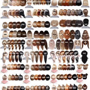 May include: A catalog of baby and girl's hair options, featuring various hairstyles and hair colors. The image displays numerous illustrations of different hair lengths, styles, and shades, from blonde to black, with corresponding reference numbers.
