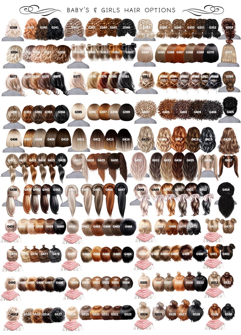 May include: A catalog of baby and girl's hair options, featuring various hairstyles and hair colors. The image displays numerous illustrations of different hair lengths, styles, and shades, from blonde to black, with corresponding reference numbers.