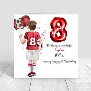 Personalisierte Jungen Fußball Geburtstagskarte, alles Gute zum Geburtstag Fußballkarte, Grußkarte, Grußkarte, rote Fußball-Kit Geburtstagskarte, Sohn 5 6 8 12 1328