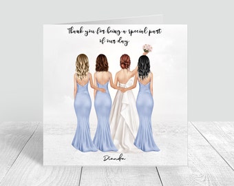 Bride Tribe Thank you Handmade Card Bridesmaid Gifts/ Maid of Honour Bridal Party Personalised Gifts **Various Hair Styles & Dresses **