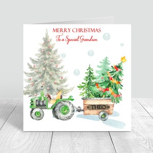 Tracteur de Noël personnalisé Garçons Carte de Noël Petit-fils fait à la main Neveu Arrière-petit-fils Godson Green Tractor Premier Noël 723