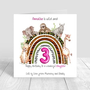 Mädchen 3rd Birthday Karte Handgemachte Wild und Drei Karte Für Tochter Enkelin Nichte Geburtstagskarte Safari Theme Safari Rainbow