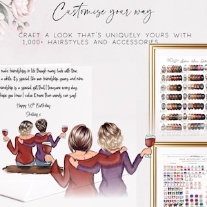 May include: A personalised greeting card featuring an illustration of two friends with wine glasses, accompanied by a poem and the text Happy 50th Birthday Shelley. Includes two reference charts displaying various hair styles and hair accessories.