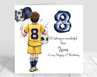 May include: A birthday card with a blue and white number eight balloon, a boy holding a soccer ball, and the text "Wishing a wonderful Son Louis A very Happy 8th Birthday".
