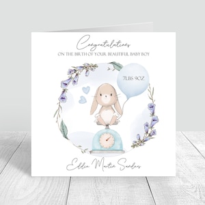 Carte personnalisée pour nouveau-né Carte de voeux personnalisée pour bébé Lapin, carte de voeux pour les nouveaux parents, bleu 960