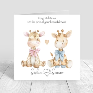 Cartão personalizado para bebês gêmeos, cartão para bebês meninos e meninas gêmeos, recém-nascido, cartão para recém-nascidos feito à mão, girafa, cartão de parabéns, presentes para gêmeos 1271