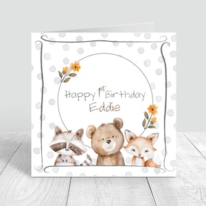 Carte d'anniversaire personnalisée Woodland premier anniversaire carte frère fils petit-fils neveu filles, carte d'anniversaire garçons 945