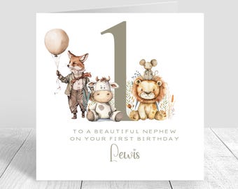 Personalised Boys 1st Birthday Card Animals, Handmade First Birthday Card For Brother Son Grandson Nephew Babies 1st Birthday Card 1575