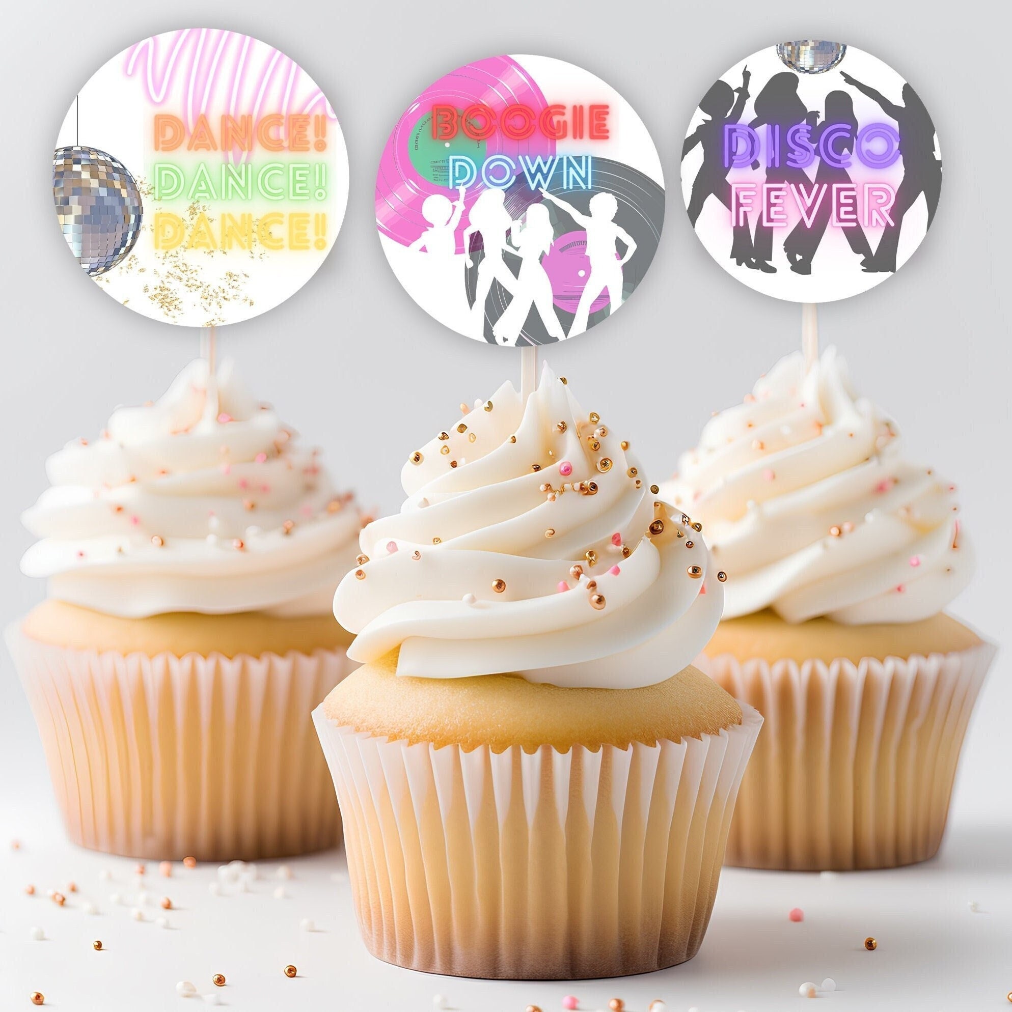 Girls Disco cake Toppers, Dance Party ,Birthday Party Favours cupcake Toppers Girls Disco Party Decor, Groovy, Pink, Roller Disco, 268