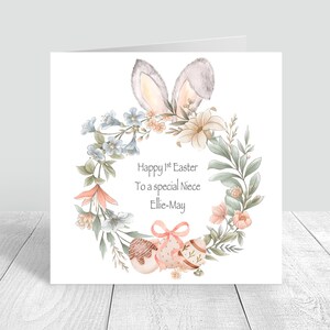 Tarjeta de Pascua personalizada para niñas, tarjeta de Pascua feliz para nieta, hija, tarjeta de conejito sobrina, 1ª Pascua, tarjeta de felicitación de Pascua, rosa 944