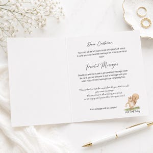 May include: A white greeting card with black text explaining personalisation options. The text reads: Dear Customer, Your card will be left blank inside with plenty of space to write your own heartfelt message for a more personal touch. Printed Messages, Should you wish to include a personalised message inside the card, you are welcome to add a message onto your order notes. Printed messages are completely free. This is the font style used should you wish to add your own message. Please ensure all wording is correct as we copy and paste this into your card. The message will be centred. A small illustration of a squirrel holding a letter is at the bottom right with the text A&K Craft Crazy.