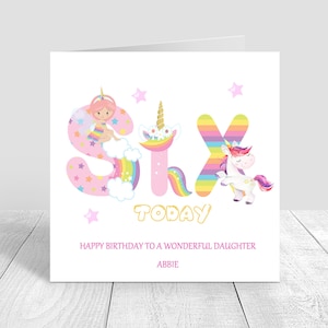 Rainbow 6th Birthday Card for Girls unicorn Birthday Greetings card handmade and personalised Daughter/ Niece/ Granddaughter/Sister/Friend