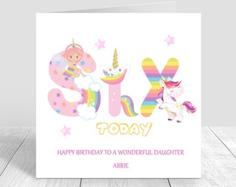 Rainbow 6th Birthday Card for Girls unicorn Birthday Greetings card handmade and personalised Daughter/ Niece/ Granddaughter/Sister/Friend