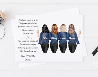 May include: A greeting card with an illustration of four women with different hair colors, each wearing a denim jacket and black pants, holding champagne glasses. The card includes a poem about friendship and a birthday message.