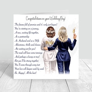 Personalisierte Hochzeitstagskarte „Glückliche Braut, beste Freundin/Schwester/Cousin“, verschiedene Frisuren/Marineblau/Brautpyjamas, Hochzeitskarte 786