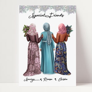 Stampa personalizzata A4 degli amici Stampa personalizzata Best Friends Decorazione da parete ricordo Buon compleanno Stampa bestie Design personalizzato A4 Ragazze musulmane