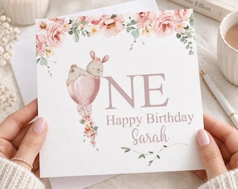 Personalised 1st Birthday Card Girl, First Birthday Bunny Card, Daughter Granddaughter Niece, Pink Floral Baby Girl Birthday Card 999