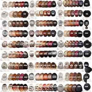 May include: A digital chart titled Ladies Hair Options displaying a grid of 216 numbered illustrations of various hairstyles and hair colors, including straight, wavy, curly, and braided styles in shades of blonde, brown, red, black, and gray.